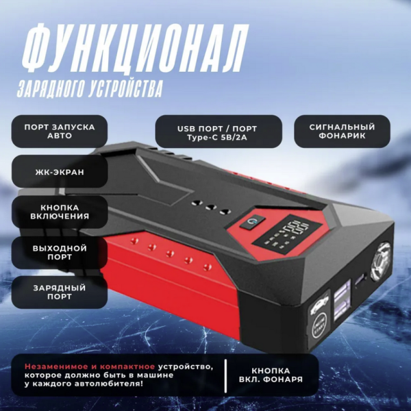 Пусковое зарядное устройство для автомобилей и мотоциклов Jump Starter M43A (MAX пусковой ток 600 А, 18 800 mAh, фонарик, функция powerbank) 